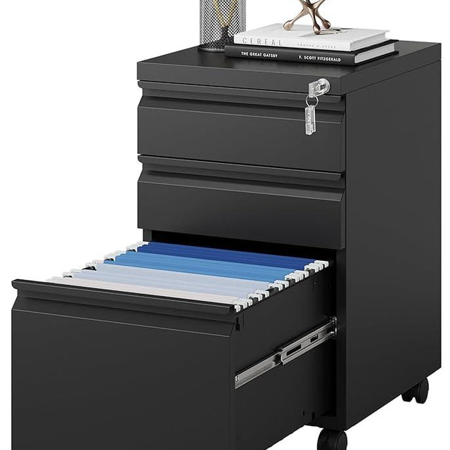 MIIIKO File Cabinet 3 Drawers on Wheels Under Desk, Metal Rolling File Cabinets with Lock for Home Office, Unassembled