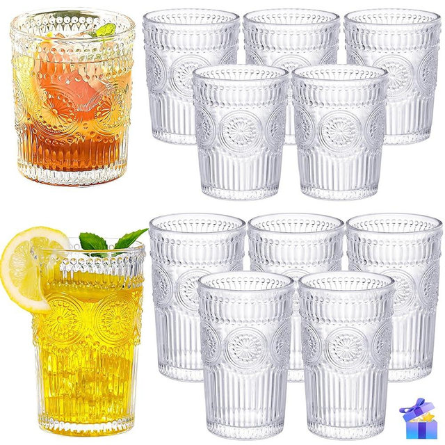 megarte Vintage Drinking Glasses Set - 12 Piece Textured Embossed Glassware - 6 Highball Glasses 12 oz & 6 Rocks Glasses 10 oz - Romantic Cocktail Cups for Iced Water Juice Tea Beverage Coffee - Clear