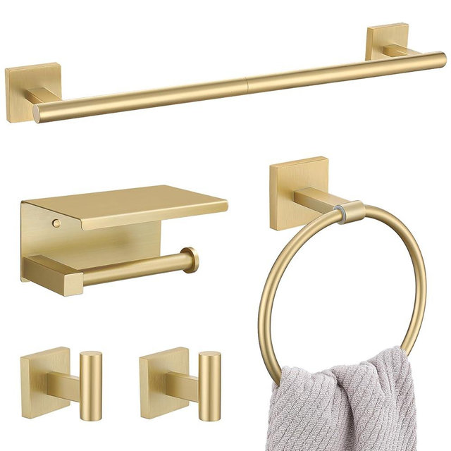 5PCS Brushed Gold Bathroom Hardware Set, SUS304 Stainless Steel Towel Bar Set-23.6 inches Towel Bar, Toilet Paper Holder with Shelf, Towel Ring and Two Towel Hooks, Towel Holder Set Wall-Mounted