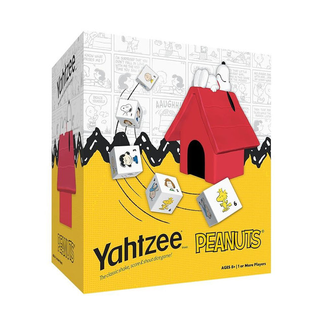 YAHTZEE: Peanuts Edition, Exclusive Snoopy’s Doghouse Cup, Roll The Dice with Charlie Brown, Woodstock & The Peanuts Gang, Dice Rolling Game with a Fun Twist, Officially Licensed Peanuts Collectible