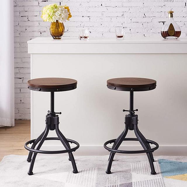 Ehomeline Industrial Adjustable Height Bar Stools Set of 2, 18.11-24.8 Inch Vintage Round Wood and Metal Bar Stools for Kitchen Dining Counter,Rustic Brown