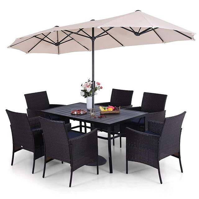 Sophia & William 7 Pieces Patio Dining Furniture with 13 Ft Double-Sided Twin Umbrella Beige, Outdoor Rattan Chairs & Rectangle Metal Table Set with Cushions and 1.57" Umbrella Hole for Porch Backyard