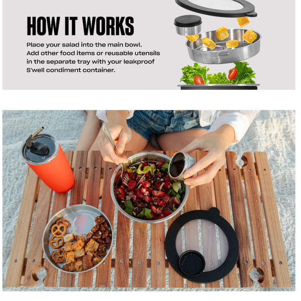 S'well Stainless Steel Salad Bowl Kit 64oz, Marble Swirl, Comes with 2oz Mini Canister and Removable Tray for Organization, Leakproof, Easy to Clean, Dishwasher Safe