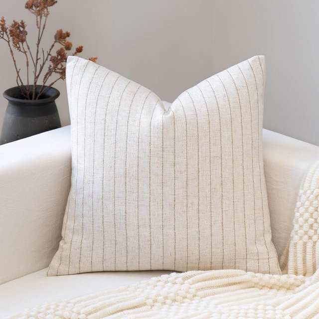 FIOUOVO Decorative Neutral Throw Pillow Covers 18x18 Farmhouse Pillow Covers Cotton Stripe Cushion Covers Home Decor for Sofa Couch Living Room Bedroom 1PC, Pinstripe