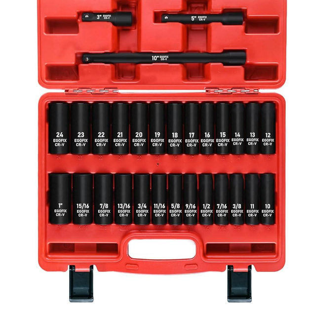 EGOFIX 29 Pieces 1/2" Socket Set, Drive Deep Impact Socket Set with 3", 5", 10" Extension Bars, 6 Point SAE and Metric (3/8"-1", 10mm-24mm), Cr-V Steel