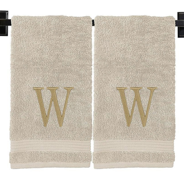 Custom Luxury Towels Monogrammed Hand Towels - Set of 2 - Genuine Turkish Cotton - Oeko-Tex Certified - Embroidered Gold Thread Modern Monogram - Personalized Towels - Bathroom Hand Towels