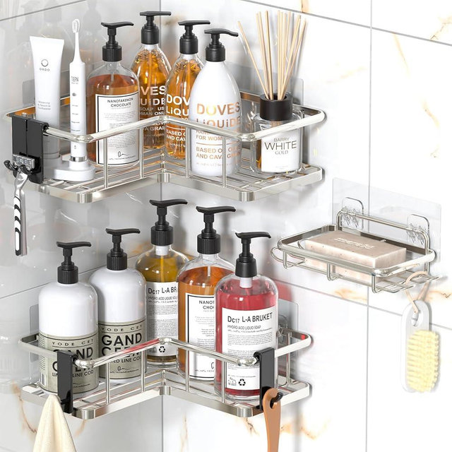 YASONIC Corner Shower Caddy Organizer, 3-Pack Self-Adhesive Rustproof Bath Shelves with Soap Holder & 4 Hooks, Large Capacity Shower Storage Rack for Bathroom Organization, Silver