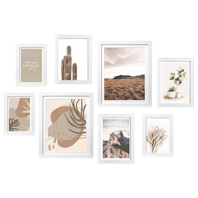 ArtbyHannah Gallery Wall Frame Set,White Picture Frames Collage Wall Decor with Neutural Art for Living Room Stariway,8 Pack Assorted Size 8"x10",5"x7",4"x6"