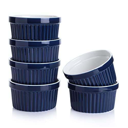Sweese 501.603 Porcelain Souffle Dishes, Ramekins - 8 Ounce for Souffle, Creme Brulee and Ice Cream - Set of 6, Navy