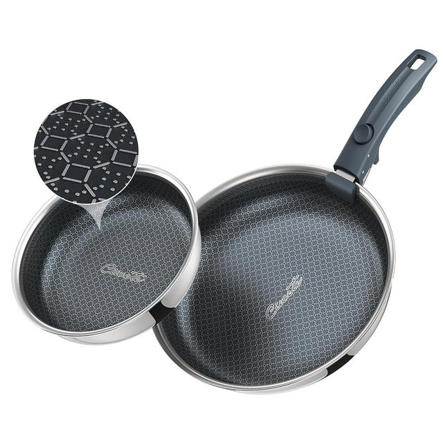 Ciwete Hybrid Non Stick Frying Pans Set 3-Piece, 8 & 9.5 Inch Tri-Ply Stainless Steel Pans Set with Detachable Handle, PFOA Free Kitchen Skillets for All Cooktops, Dishwasher & Oven-Safe Cooking Pan