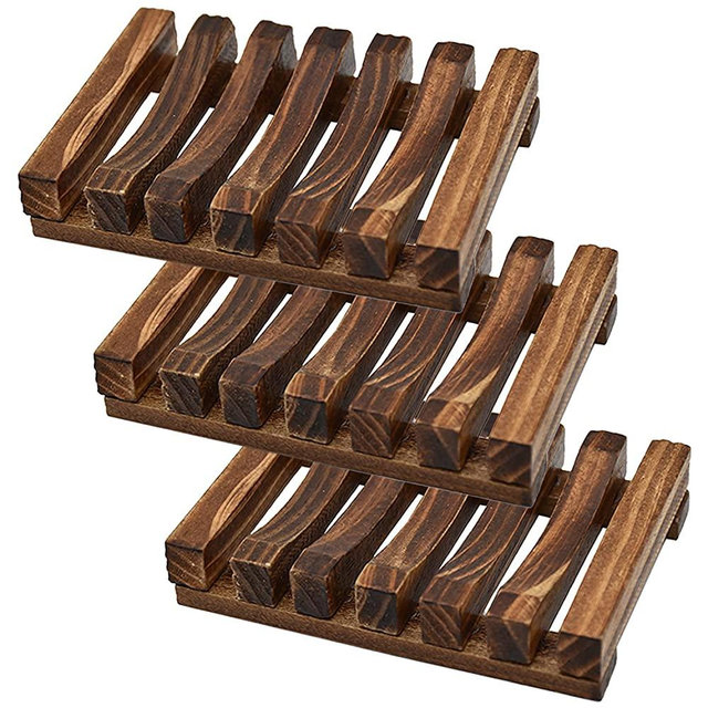 Soap Dish Holder, 3 Pcs Natural Wooden Soap Saver, Soap Case for Shower, Self Draining Soap Tray for Bathroom, Extend Soap Life, Keep Soap Bars Dry Clean & Easy Cleaning（Charcoal）