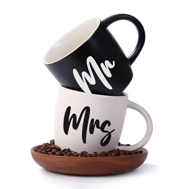 12 oz Mr and Mrs Mug, Ceramic Coffee Mug for the Couple, Ideal Gift for Engagement, Anniversary, His and Hers, Bride and Groom,Wedding Gifts for Couples 2025 - Set of 2 (Black & White)
