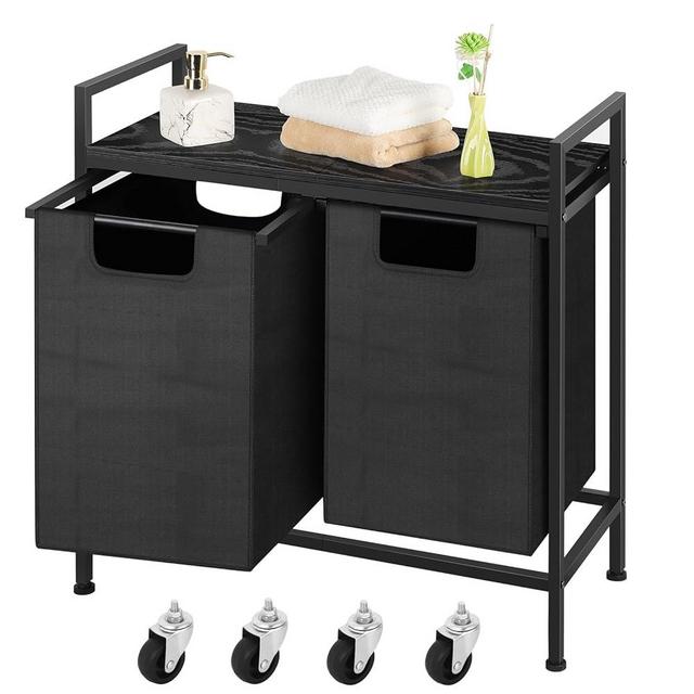 Laundry Hamper 2 Section with Shelf and Wheels Rolling Laundry Basket Organizer with Removable Sorter Bags 90L Double Clothes Hamper Sorter for Bathroom Bedroom Laundry Room Organization, Black