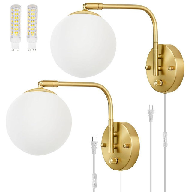VATONI Dimmable Wall Sconces Plug in, Swing Arm Wall Lights with Plug in Cord and Dimmer On/Off Knob Switch, Dimmable Wall Light with Milky White Glass Globe Shade(2 Bulbs Included)