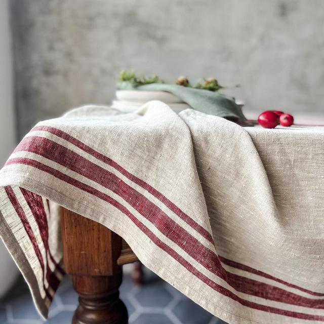 Rustic natural linen tablecloth in blue, black, green and red stripes/grain sack linen tablecloth/linen farm style tablecloth/free shipping