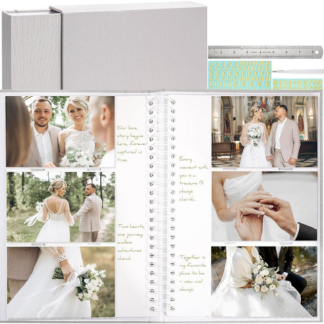 Vienrose Photo Album Linen Cover 4x6 with Writing Areas 300 Pockets Picture Albums Photos Book with Slipcase Metal Stickers Tweezers Ruler for Wedding Family Baby Anniversary Travel Graduction Grey