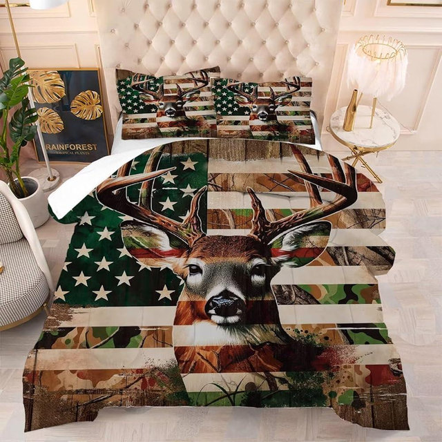 kxry Elk USA American Flag Camo Hunter Comforter Set Queen Size Hunting Woodland Moose Wildlife Forest Deer Bedding Set for Boys Kids Teens US Stars Stripes with 1 Comforter + 2 Pillow Cases