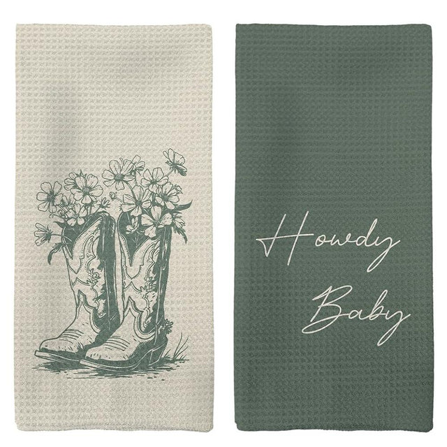 Tzhim Western Kitchen Towels, Preppy Cowboy Hand Towels, Black Cowgirls Boots Floral Rodeo Dishcloths Tea Towel for Kitchen, Vintage Retro Howdy Baby KitchenBathroom Decor Set of 2, 16x24in(Green)