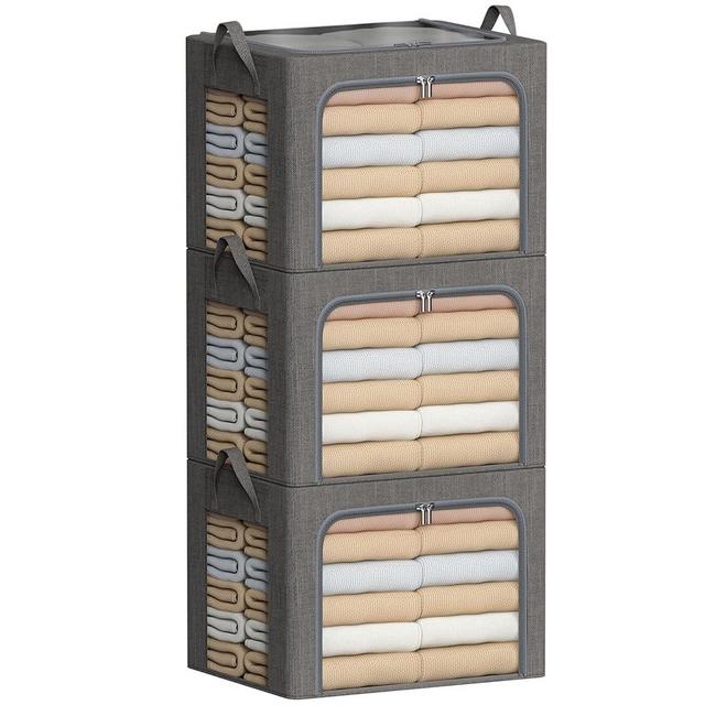 Clothes Storage Bins with Metal Frame-3 Pack Foldable Storage Organizer Bin for Clothes Linen Fabric Storage Box with Lid ＆Clear Window (Dark Grey, 15.7x11.8x11.8inch(36L))