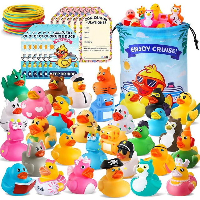 100 Pcs Cruise Rubber Ducks Kits Include 30 Cruise Ducks with 30 Cruising Duck Tags 40 Rubber Bands and 1 Duck Bag, Bulk Ducks for Cruise Ships Hiding Carnival Ducking Easter Basket Stuffers