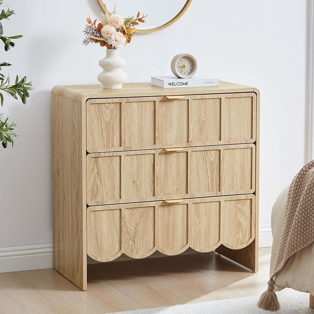 ORRD 3 Drawer Dresser for Bedroom, Modern Closet Chest of Drawers with Wave Fluted Drawer, Wood Storage Small Dresser Organizer for Nursery Bedroom Living Room Hallway Closet (Natural)