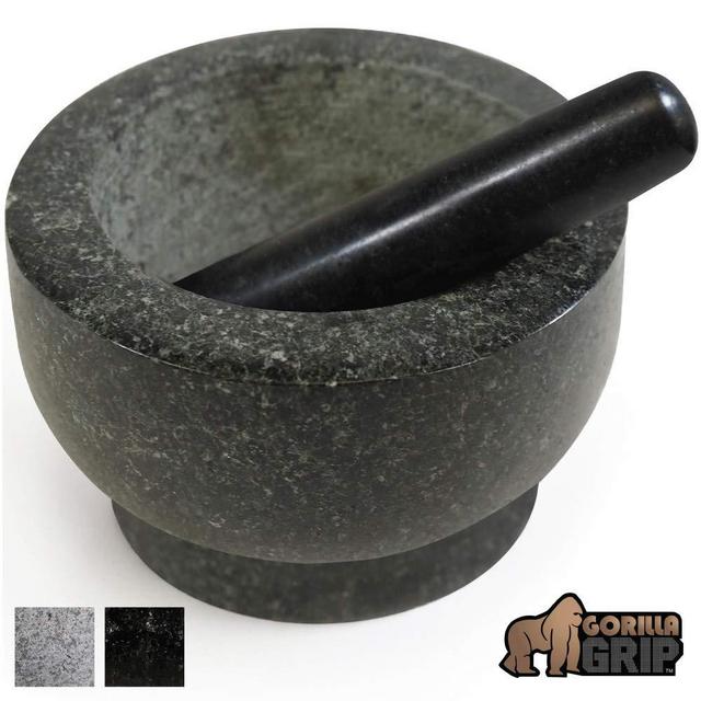 Gorilla Grip Original Mortar and Pestle, Large Size, 7 Inch, Holds 4 Cups, Slip Resistant Bottom, Heavy Duty Polished Granite, Guacamole Molcajete Bowl, Kitchen Spices, Herbs, Pesto Grinder, Black