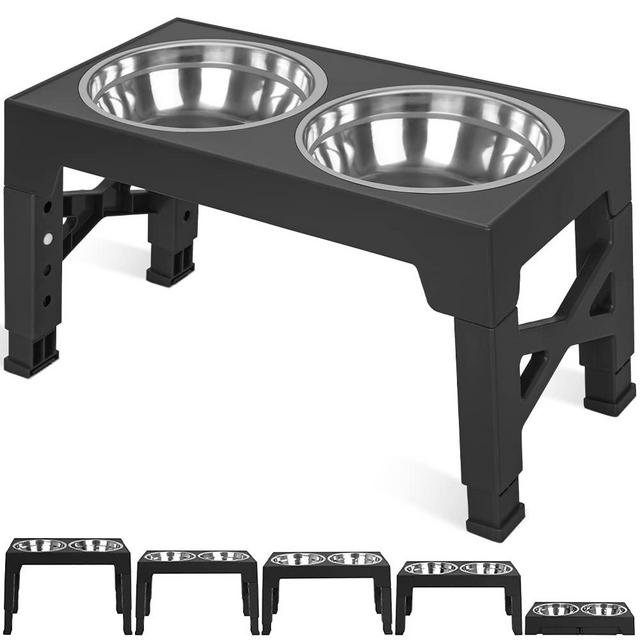 Elevated Dog Bowls with 2 Stainless Steel Dog Food Water Bowls 5 Height Adjustable Raised Dog Bowl Metal Dog Bowl Stand for Large Medium Small Dogs and Pets (Black)