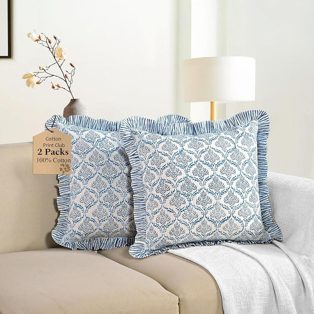 CPC Indigo Regal Hand Block Print 100% Cotton Ruffle Throw Pillow Cover 18x18 inch with Hidden Zipper Decorative for Couch, Bed, Sofa, Farmhouse, Cottagecore Decor Gift Christmas Fall Thanksgiving