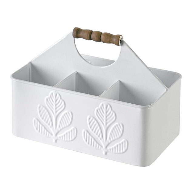 HOME PALETTE Silverware Caddy for Party Kitchen Flatware Holder for Countertop Metal White Plant Pattern Embossed Cutlery Organizer with 4 Compartments for Utensils, Spoons, Knives, Forks