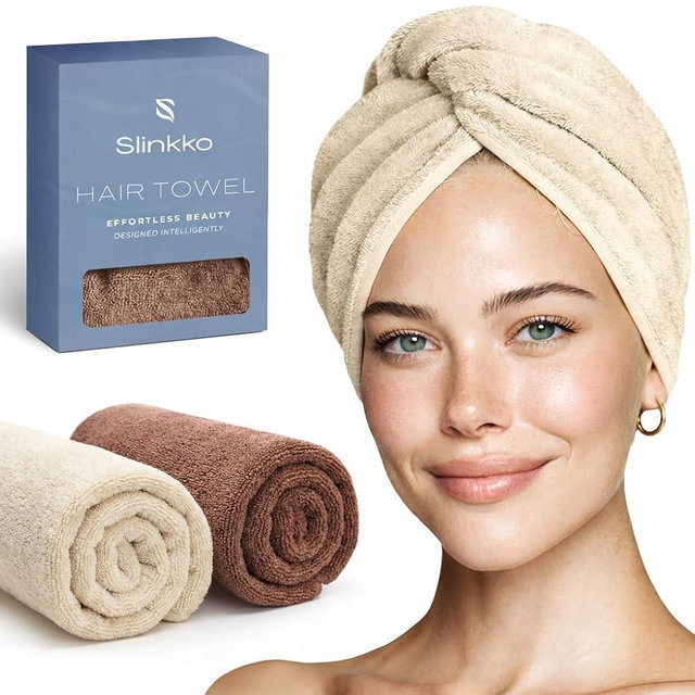 Slinkko Microfiber Hair Towel Wrap Turban (Beige and Brown)
