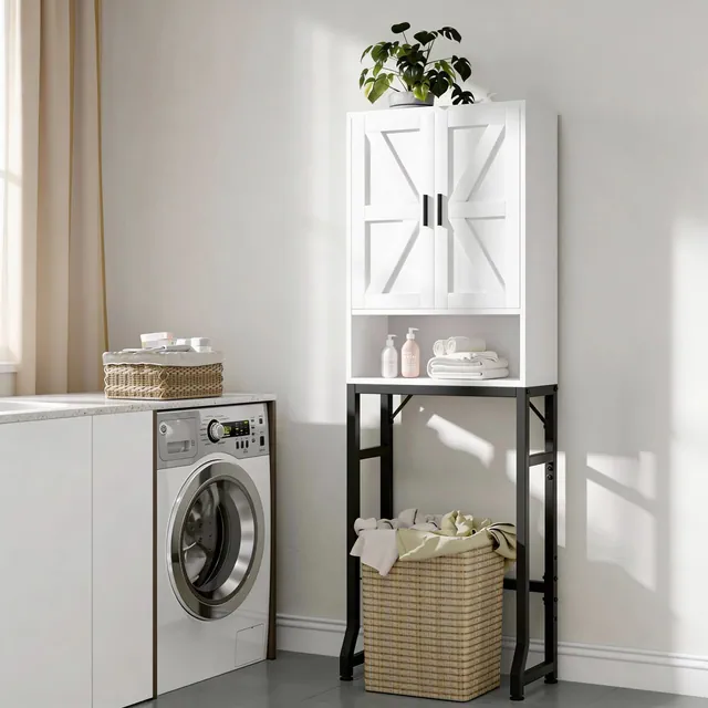 Over The Toilet Storage Cabinet, White BathroomToilet Storage Organizer with Barn Doors, Thicken Metal Stand & MDF Wood Bathroom Space Saver