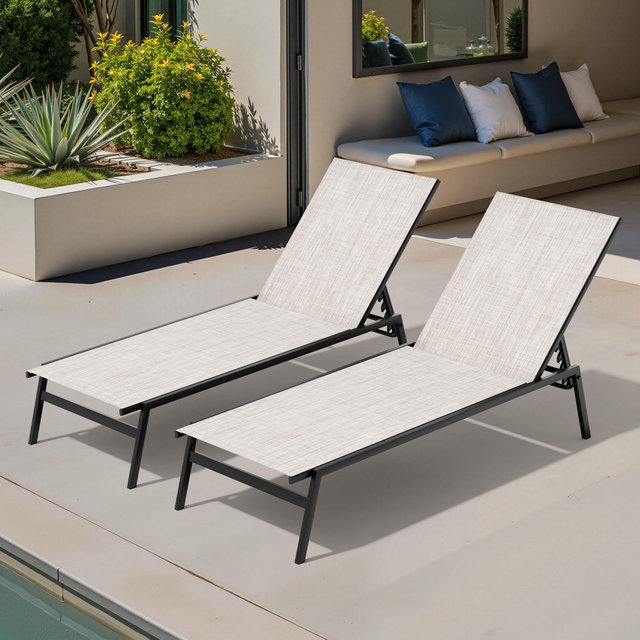 Crestlive Products Set of 2 Patio Outdoor Lounge Chairs 4-Position Recliner Stackable Beige