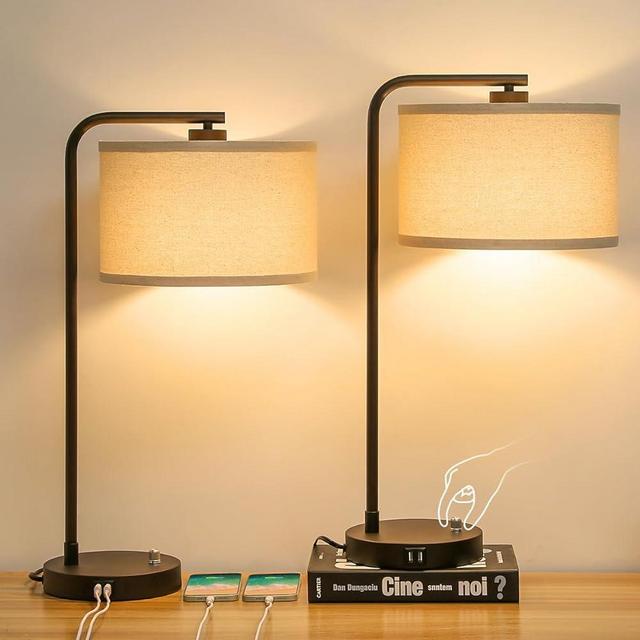 Table Lamps Set of 2, Fully Dimmable Bedside Lamp with Dual USB Charging Ports, Modern Nightstand Lamps with Linen Fabric Shades, Tall Desk Lamp for Bedroom, Living Room, Office, LED Bulb Included