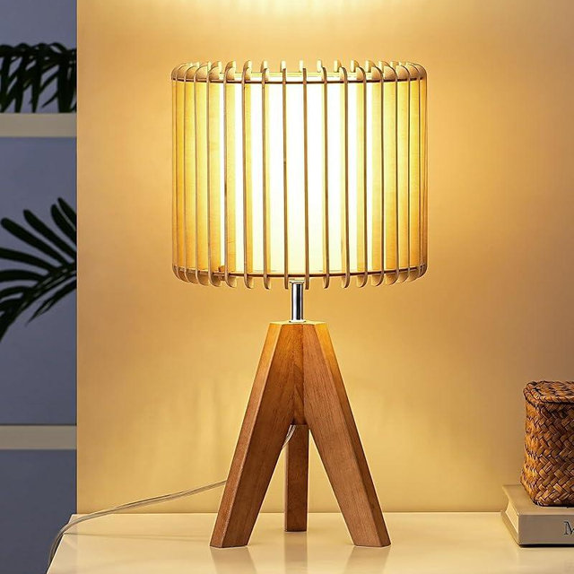 EDISHINE 14.17" Small Table Lamp, Wood Tripod Bedside Lamp, Natural Wood-Colored Hollow & White PVC Shade, E26 Base, Boho Nightstand Lamp for Bedroom, Living Room, Office, Study