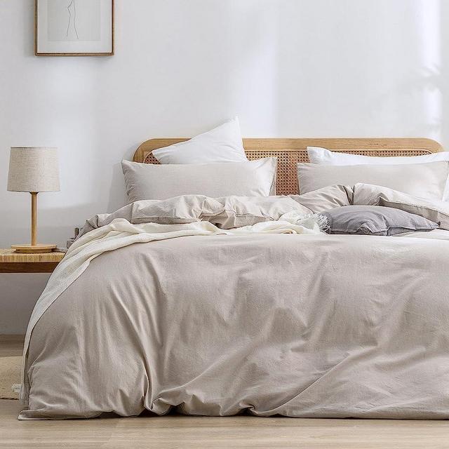 BESTOUCH Duvet Cover Set 100% Washed Cotton Linen Feel Super Soft Comfortable Chic Lightweight 3 PCs Home Bedding Set Solid Linen Grey Cal King