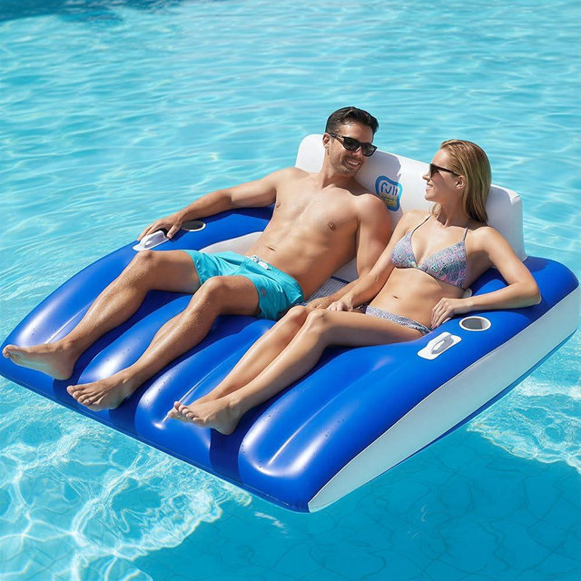 Funscape Inflatable Pool Lounge Floats Adult, Large Swimming Pool Sofa Floaties, Beach Tanning Recliner Floating Mesh Chair Cup Holder, Blow Up Lake River Floaty Tube, Summer Water Party Toy-Blue-XL