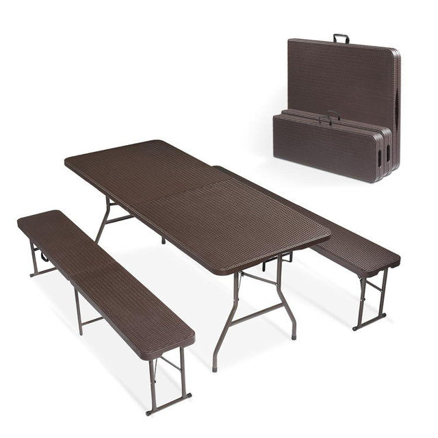 VINGLI Picnic Table Set with 2 Benches, 6 Feet Camping Table Chair Set, 3-Piece Folding Furniture for Indoor or Outdoor Use, Rattan Patterned Tabletop, Brown