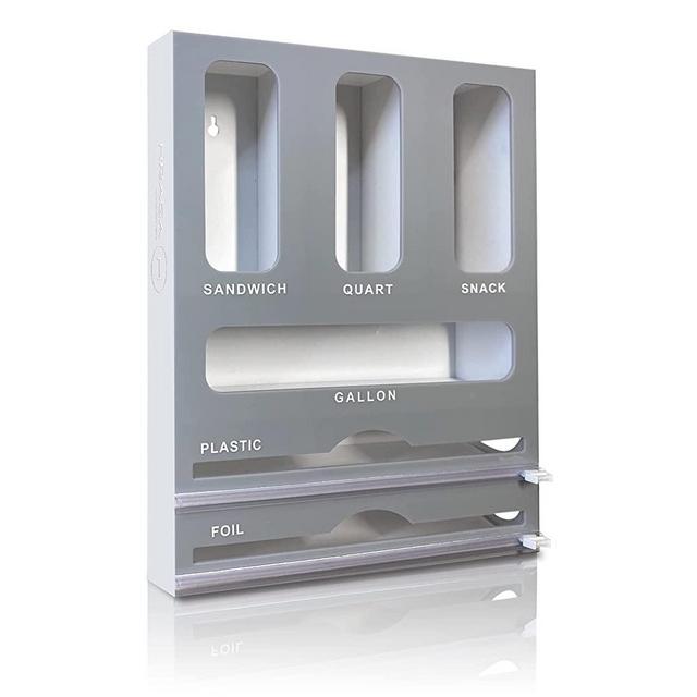 Acrylic Ziplock Bag Storage Organizer For Kitchen Organization Compatible with Gallon, Quart, Sandwich & Snack Variety Bags with Plastic Wrap, Aluminum Foil Dispenser & Cutters with Labels 6 IN 1