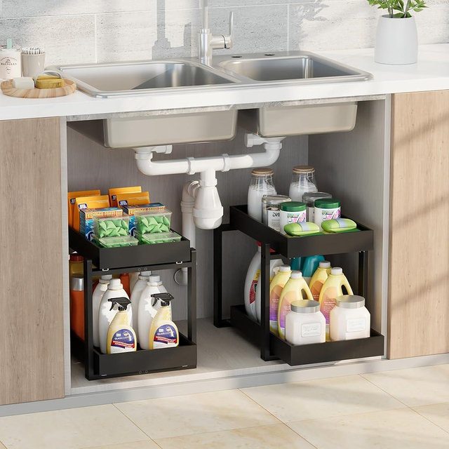 APRTAT 2 Pack Under Sink Organizer, Bamboo Wooden 2-Tier Pull-Out Storage with Sliding Drawers for Kitchen and Bathroom Cabinets, Easy Installation (Black)