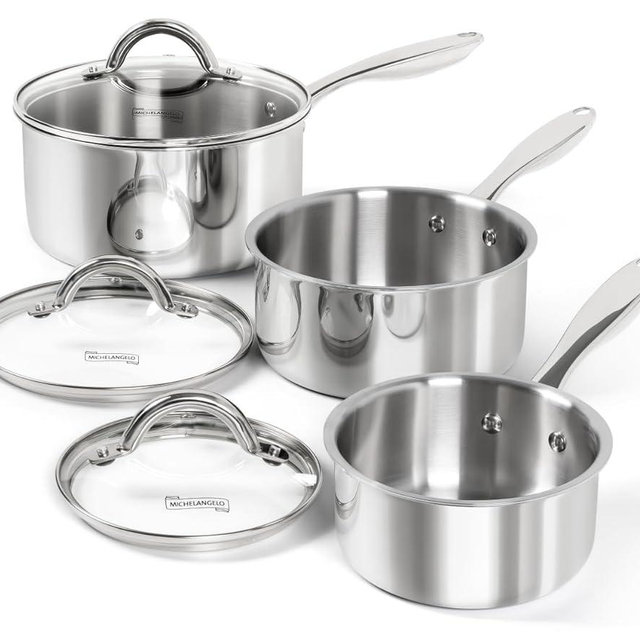 MICHELANGELO Saucepan Set 6pc, Triply Stainless Steel Sauce Pan with Lids 1QT & 2QT &3QT, Kitchen Cooking Pot for Home Use, Dishwasher Safe & Induction Compatible