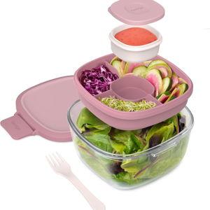 Bentgo Glass All-in-One Salad Container - Large 61-oz Salad Bowl with Lid, 4-Compartment Bento-Style Tray, 3-oz Sauce Container, and Reusable Fork - Dishwasher, Microwave, and Oven Safe (Rose)