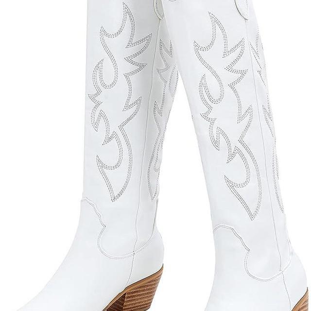 Ouepiano Knee-High Cowboy Boots for Women, Leather Stitching Classic Almond Medium Heel Embroidered Cowgirl Boots
