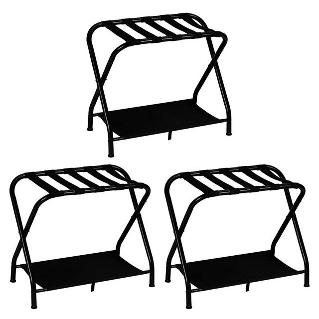 Heybly Luggage Rack,Pack of 3,Steel Folding Suitcase Stand with Storage Shelf for Guest Room Bedroom Hotel,Black,HLR002B3