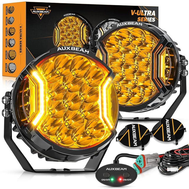 Auxbeam V-Ultra Series 7" 226W Side Shooter LED Pods, Amber DRL 3 Modes Auxiliary Light Bar, 270° Coverage Round LED Offroad Lights, 26800LM Yellow Fog Off-Road Spot Lights with Covers, Pair