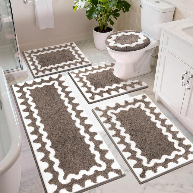 Findosom Bathroom Rugs Sets 5 Piece, Absorbent Soft Non-Slip Washable Microfiber Shaggy Bath Mat Set with Bathroom Runner Rug, U-Shaped Toilet Rugs, Shower Rug & Toilet Lid Cover, Brown-White