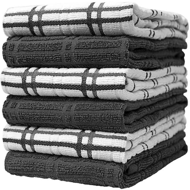 Premium Kitchen Towels (16”x 26”, 6 Pack) – Large Cotton Kitchen Hand Towels – Window Pane Design – 400 GSM Highly Absorbent Tea Towels Set With Hanging Loop – Grey