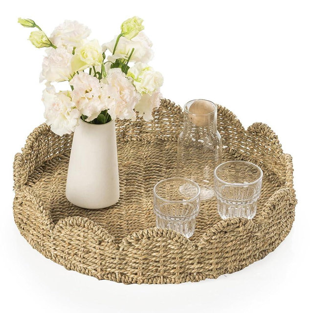 Wicker Tray, Handwoven Woven Tray with Handles and Scalloped Edge, Round Wicker Basket for Home Decor and Organizing, 17" L x 17" W x 3.6" H