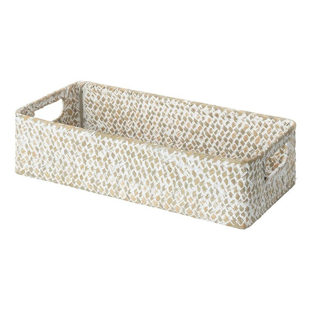 StorageWorks Wicker Toilet Paper Basket for Back of Toilet Baskets, Seagrass Bathroom Basket Organizer and Storage for Tank Topper, Small Tank Trays for Decor with Built-in Handles, Wipe White