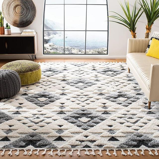 SAFAVIEH Moroccan Tassel Shag Collection MTS688F Boho Non-Shedding Living Room Bedroom Dining Room Entryway Plush 2-inch Thick Area Rug, 5'3" x 7'6", Ivory / Grey