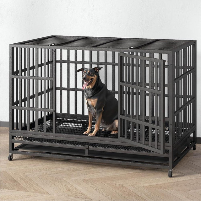 HIWOKK 54/48/42/38 Inch Heavy Duty Indestructible Dog Crate Steel Escape Proof, Indoor Double Door High Anxiety Cage, Kennel with Wheels, Removable Tray, Extra Large XL